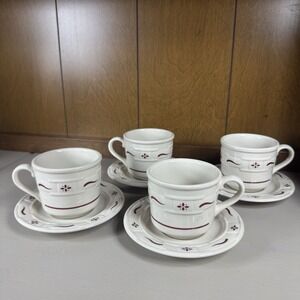 Longaberger Pottery Woven Traditions RED Coffee/Tea Cups & Saucers  USA Set Of 4